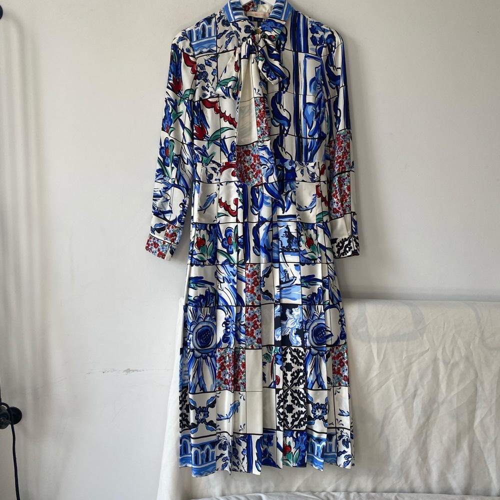 Tory Burch White Blue Multicolor Printed Midi Dress
